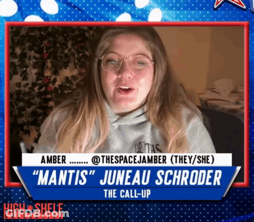 A Woman With Glasses And The Name Juneau Schroeder On The Bottom GIF