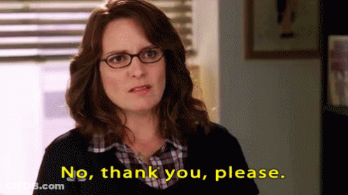 A Woman With Glasses Is Saying No Thank You Please . GIF