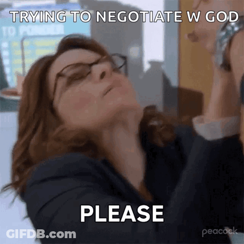 A Woman With Glasses Is Saying Please While Looking Up At Something GIF