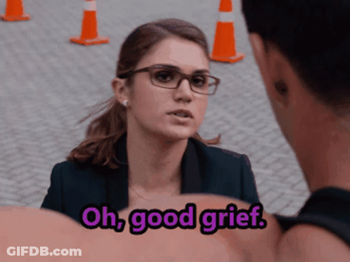 A Woman With Glasses Is Talking To A Man With The Words Oh Good Grief Above Her GIF