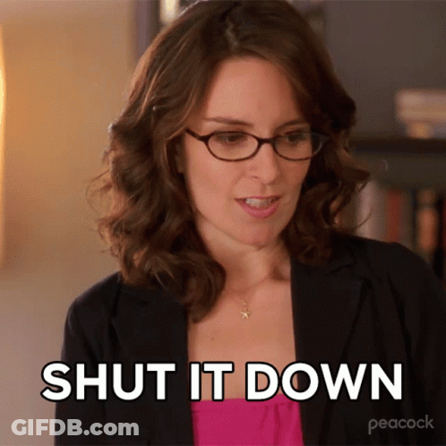 A Woman With Glasses Says Shut It Down In A Peacock Ad GIF