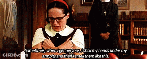 A Woman With Glasses Says Sometimes When I Get Nervous I Stick My Hands Under My Armpits GIF