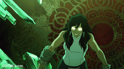 A Woman With Glowing Eyes Is Standing In Front Of A Circular Pattern GIF