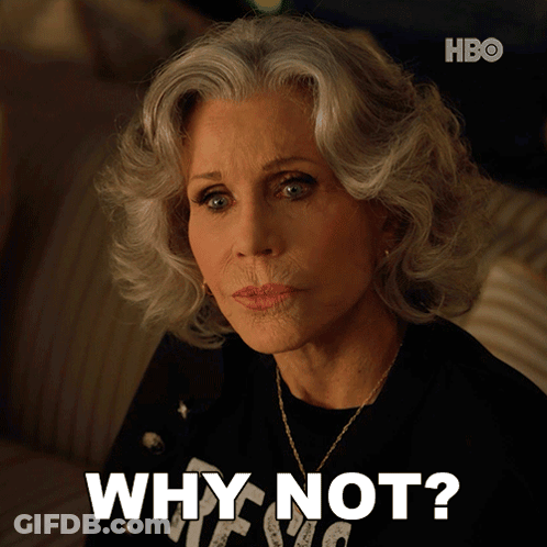 A Woman With Gray Hair Says " Why Not " In White Letters GIF