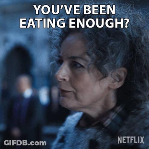 A Woman With Gray Hair Says " You 'Ve Been Eating Enough " In A Netflix Advertisement GIF