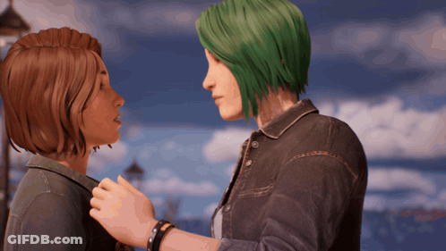 A Woman With Green Hair Is Holding Another Woman 'S Arm GIF