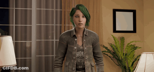 A Woman With Green Hair Is In A Living Room GIF