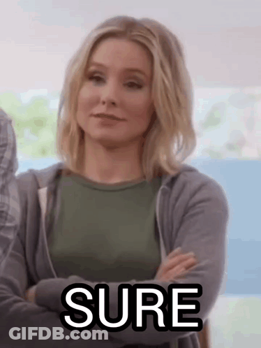 A Woman With Her Arms Crossed And The Word Sure Written On Her Face . GIF