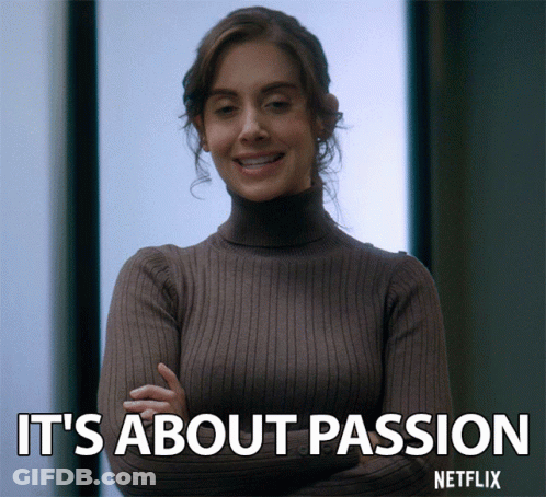 A Woman With Her Arms Crossed And The Words It 'S About Passion Written Below Her GIF