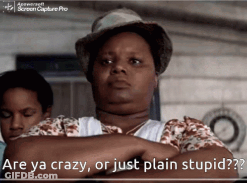 A Woman With Her Arms Crossed Has The Words Are Ya Crazy Or Just Plain Stupid Written Below Her GIF