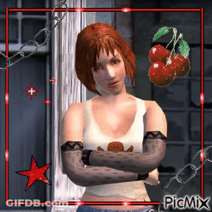 A Woman With Her Arms Crossed Is Surrounded By Chains And Cherries And Says Picmix On The Bottom GIF