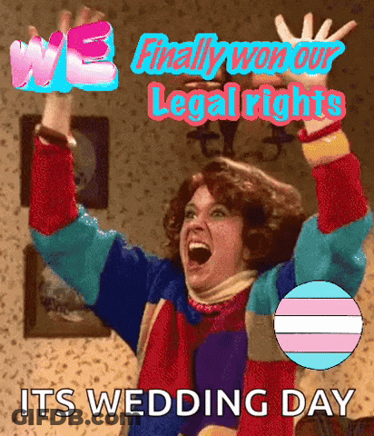 A Woman With Her Arms In The Air And The Words " We Finally Won Our Legal Rights " GIF
