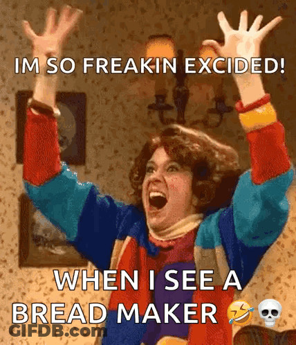 A Woman With Her Arms In The Air With The Caption Im So Freakin Excited GIF