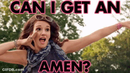 A Woman With Her Arms Outstretched And The Words Can I Get An Amen Behind Her GIF