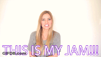 A Woman With Her Arms Outstretched And The Words " This Is My Jam " On The Bottom GIF