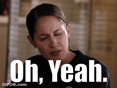 A Woman With Her Eyes Closed And The Words Oh Yeah Written Above Her GIF