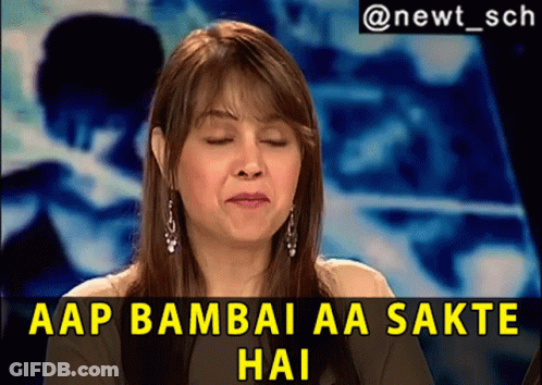 A Woman With Her Eyes Closed Behind A Sign That Says Aap Bambai Aa Sakte Hai GIF