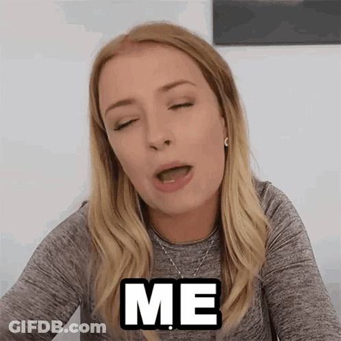 A Woman With Her Eyes Closed Has The Word Me On Her Chest GIF