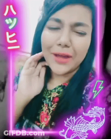 A Woman With Her Eyes Closed Is In A Neon Frame With A Dragon And Lightning Bolt GIF