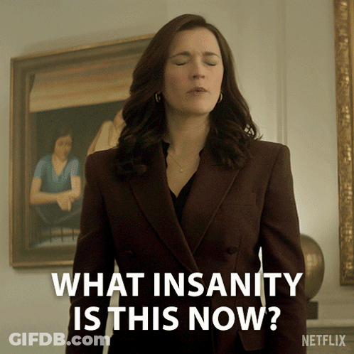 A Woman With Her Eyes Closed Says " What Insanity Is This Now " GIF