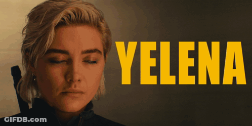 Woman With Closed Eyes In Front Of Yelena Sign GIF