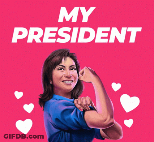A Woman With Her Fist In The Air Is Surrounded By Hearts And Says My President GIF