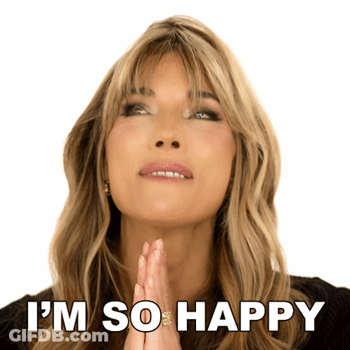 A Woman With Her Hands Folded And The Words I 'M So Happy Above Her GIF