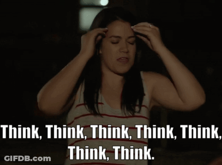 A Woman With Her Hands On Her Head Says Think Think Think Think Think Think Think Think Think GIF