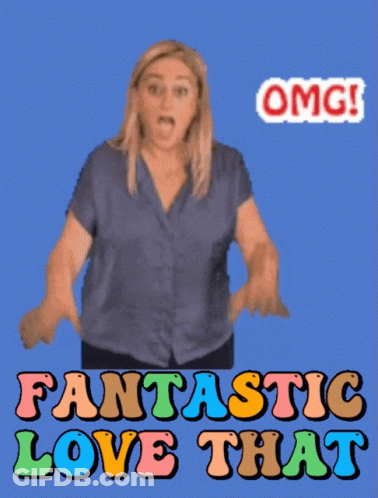 A Woman With Her Hands Up And The Words Fantastic Love That Behind Her GIF