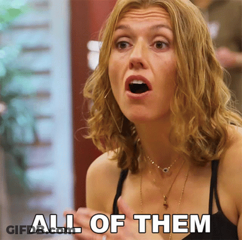 A Woman With Her Mouth Open And The Words All Of Them Behind Her GIF