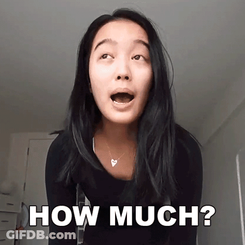 A Woman With Her Mouth Open And The Words How Much Behind Her GIF
