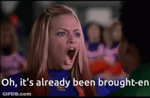 A Woman With Her Mouth Open And The Words Oh It 'S Already Been Brought-En Below Her GIF