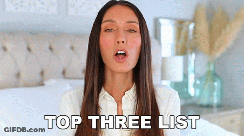 A Woman With Her Mouth Open And The Words Top Three List Written Above Her GIF