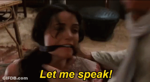 A Woman With Her Mouth Tied And The Words Let Me Speak Written Above Her GIF