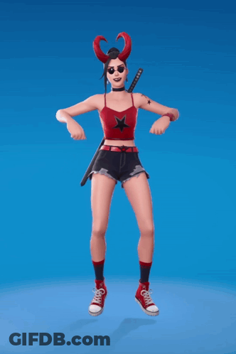 A Woman With Horns And A Sword Is Wearing A Red Top And Shorts GIF
