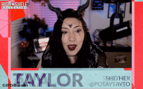 A Woman With Horns And The Name Taylor On A Screen GIF