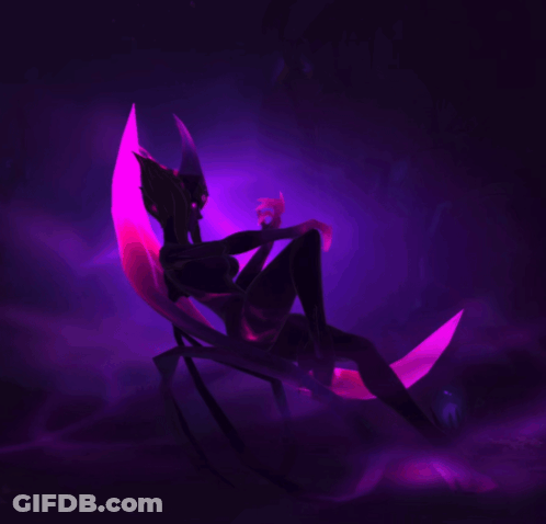 A Woman With Horns Is Sitting On A Spider With Purple Lights Behind Her GIF