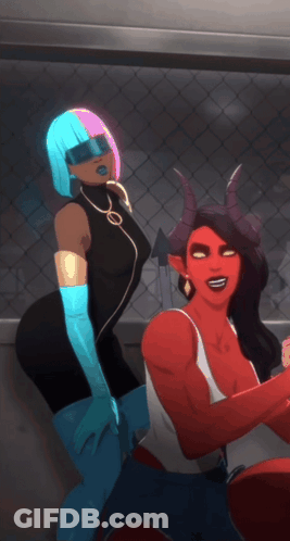 A Woman With Horns Is Standing Next To A Woman With A Blue Hair GIF