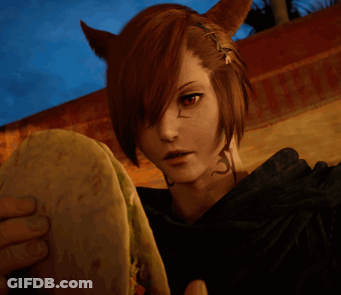 A Woman With Horns On Her Head Is Holding A Taco In Front Of Her Face GIF