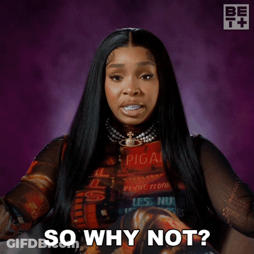 A Woman With Long Black Hair And A Necklace Says So Why Not GIF
