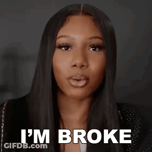 A Woman With Long Black Hair Is Making A Funny Face And Saying `` I 'M Broke '' . GIF