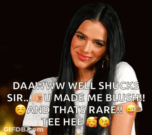 A Woman With Long Black Hair Is Smiling With A Caption That Says Daawww Well Shucks Sir GIF