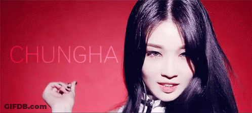 A Woman With Long Black Hair Is Standing In Front Of A Red Background With The Name Chungha Above Her GIF