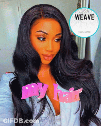 A Woman With Long Black Hair Is Wearing A White Sweater And A Pink Ribbon With The Word Weave On It GIF