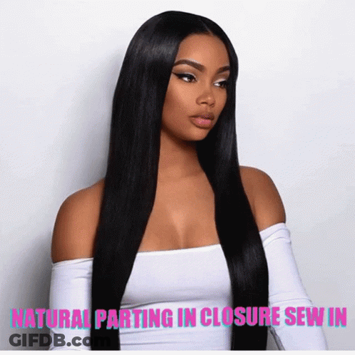 A Woman With Long Black Hair Is Wearing A White Top With The Words Natural Parting In Closure Sewn In GIF
