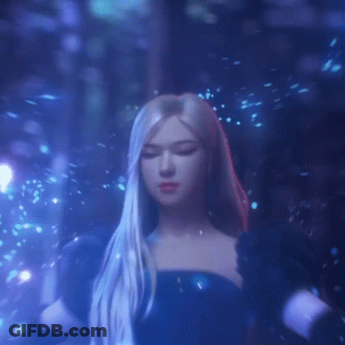 A Woman With Long Blonde Hair Is Standing In A Dark Room With A Blue Background . GIF