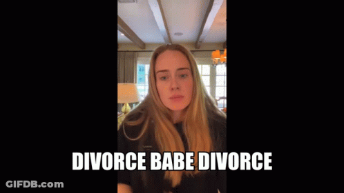 A Woman With Long Blonde Hair Is Standing In A Room With The Words Divorce Babe Divorce Below Her GIF