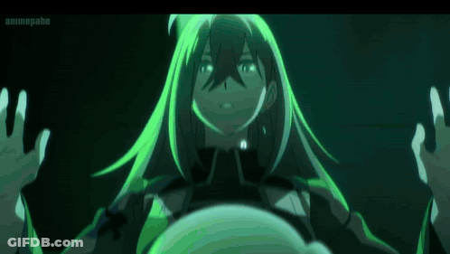 A Woman With Long Green Hair Is Standing In A Dark Room With Her Hands Outstretched . GIF