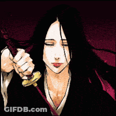 A Woman With Long Hair Is Holding A Sword In Her Hand GIF