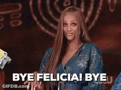 A Woman With Long Hair Is Standing In Front Of A Sign That Says `` Bye Felicia Bye '' . GIF